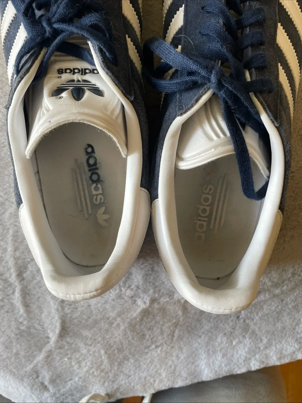 adidas Navy Suede Sneakers with White Stripes and Gold Logo size 12